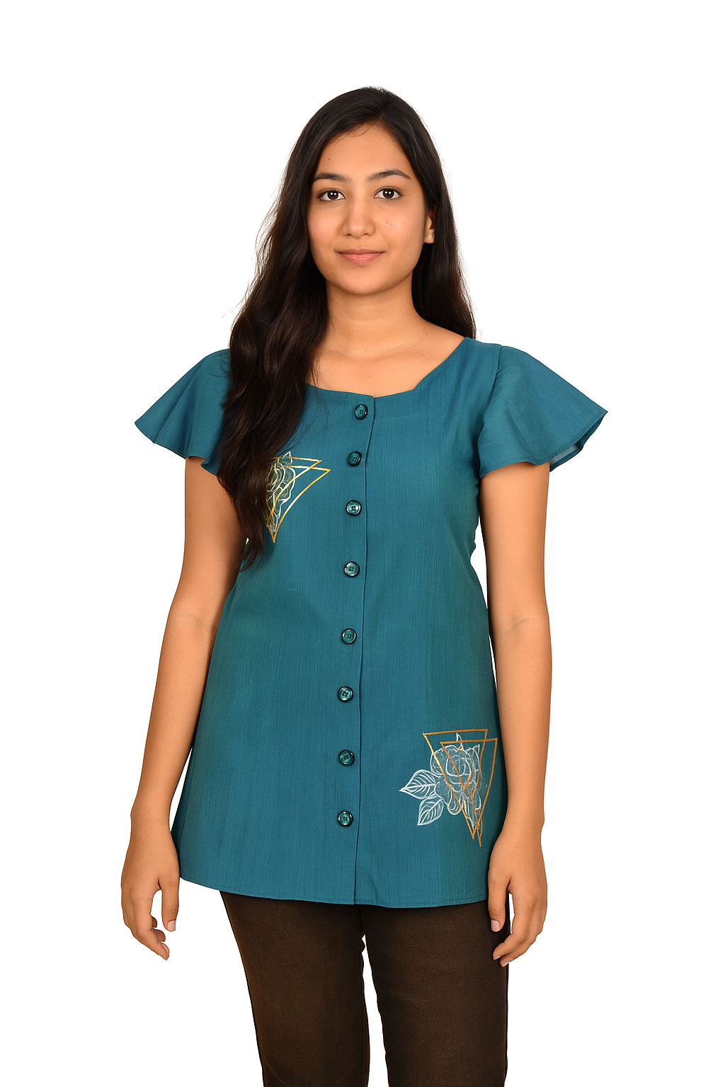 Deep Teal Blue Pochampally Cotton Top with Handpainted Design